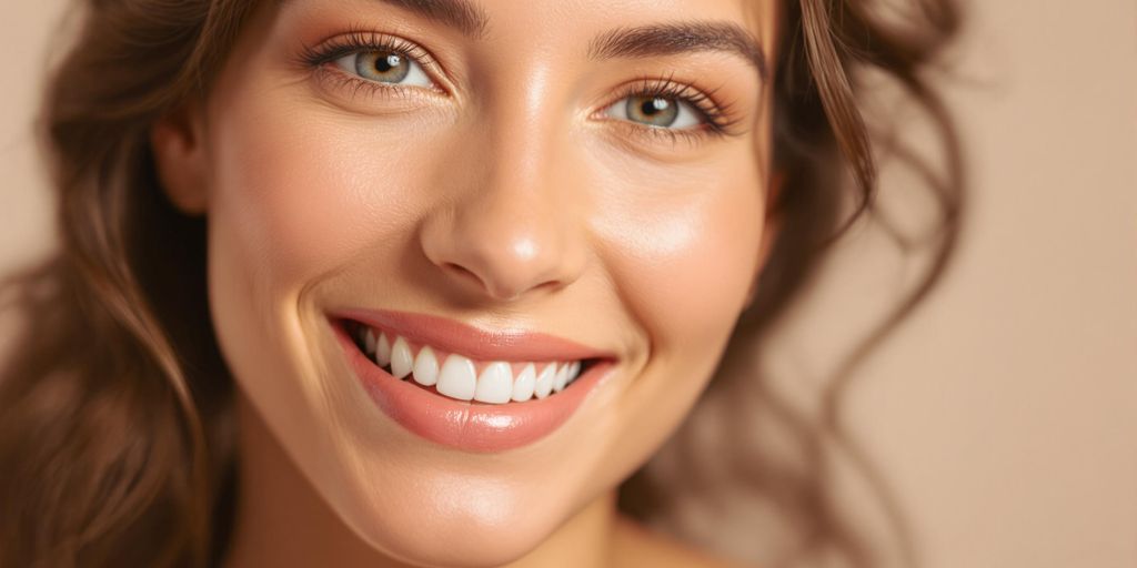 Mulher sorrindo com pele perfeita e iluminada.