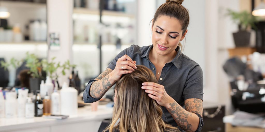 Especialista em saúde capilar avaliando cabelo de cliente.