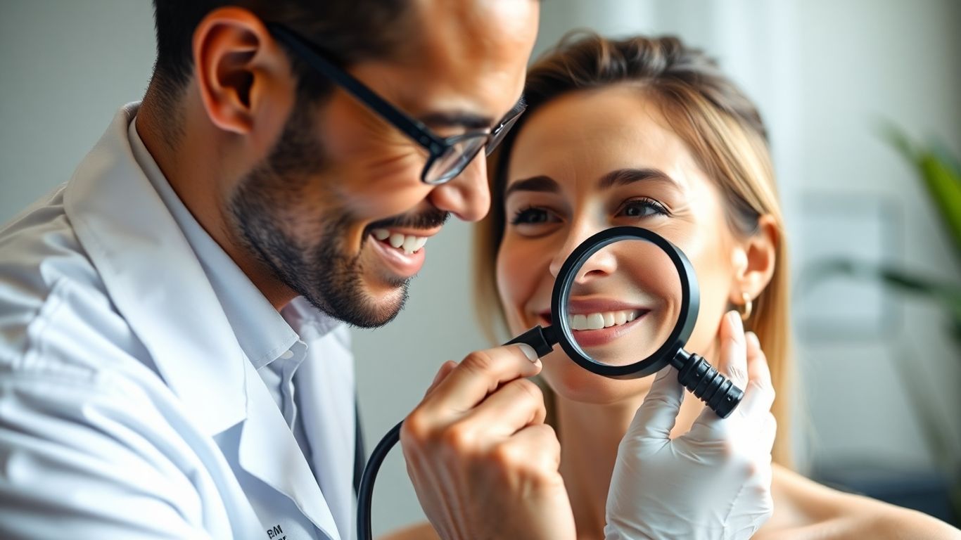 Dermatologista examinando a pele de um paciente.