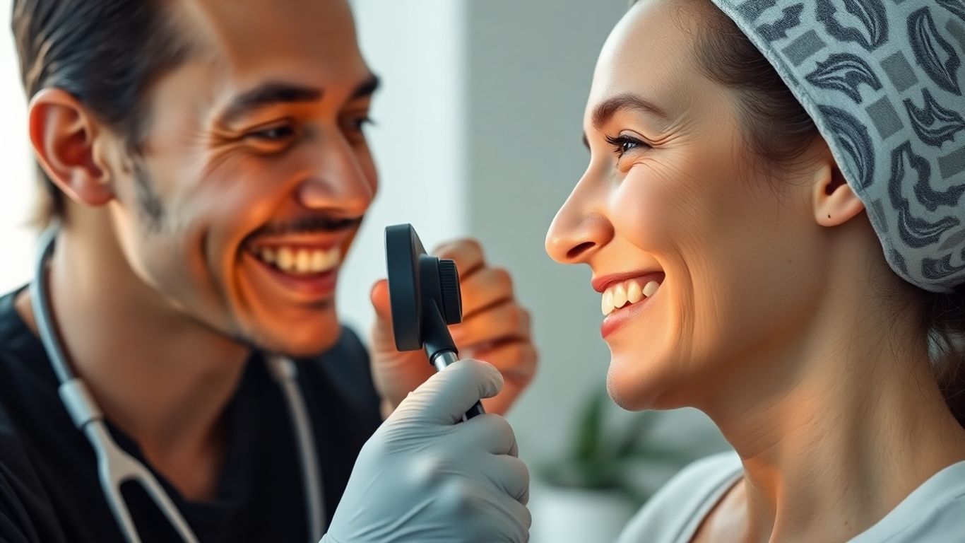 Dermatologista examinando pele de paciente.