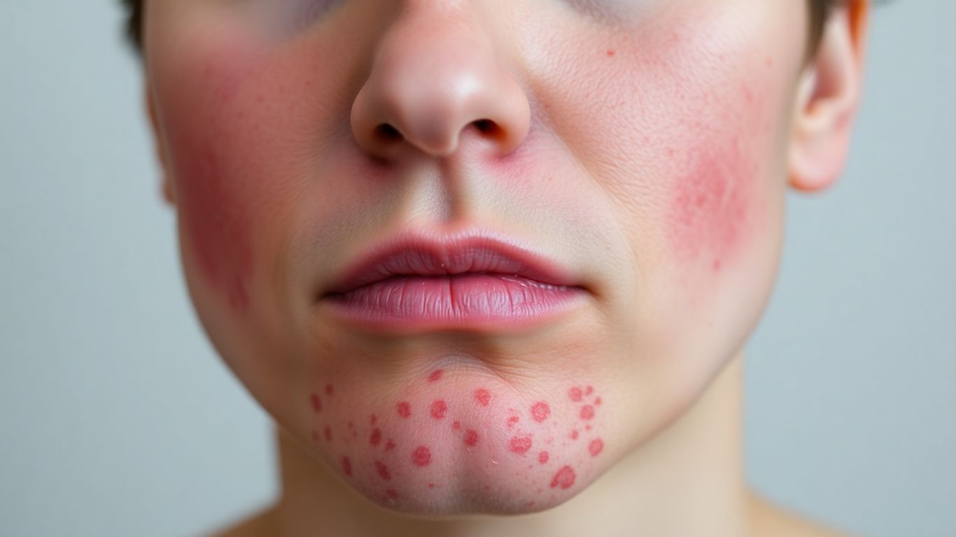 Pele com vermelhidão e vasos visíveis, indicando rosácea.