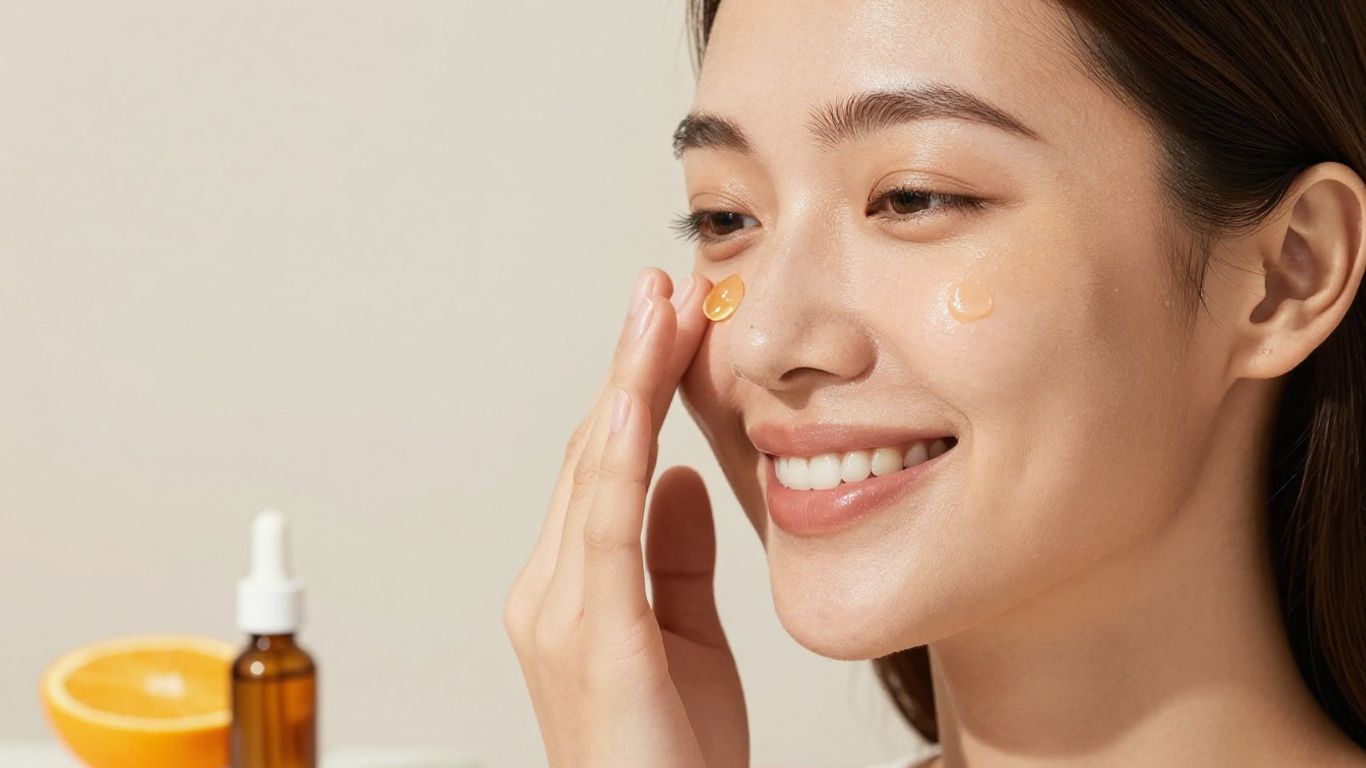 Mulher aplicando sérum de vitamina C no rosto radiante.